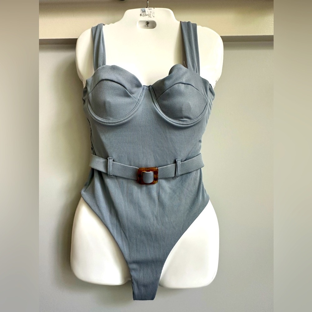 Belted one piece grey swimsuit. Underwire Size Medium
